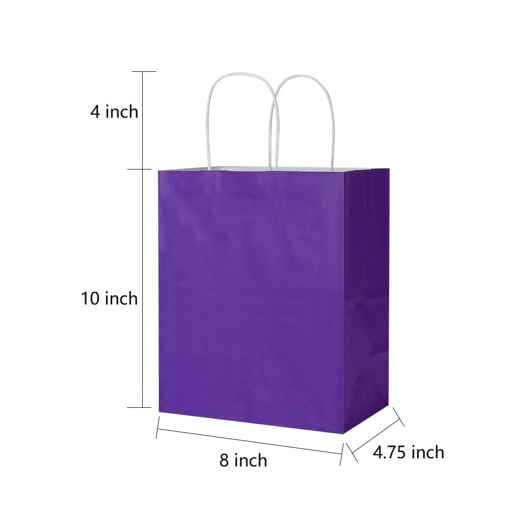 Oikss 100 Pack 8x4.75x10 Inch Medium Purple Kraft Paper Bags with Handles Bulk for Birthday Wedding Party Favors Grocery Retail Shopping Business Takeout Goody Craft Gift Bags Sacks, (100pcs Count)