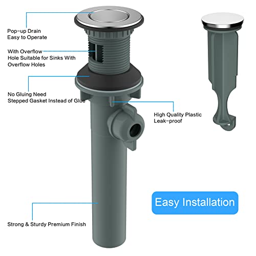 Bathroom Sink Drain With Overflow, Push And Seal Pop Up Drain Stopper Lift Rod, 2 Pack Bathroom Lavatory Vanity Vessel Sink Drain Compatible With Moen, American Standard, Universal Drain Hole, Chrome #TOP3