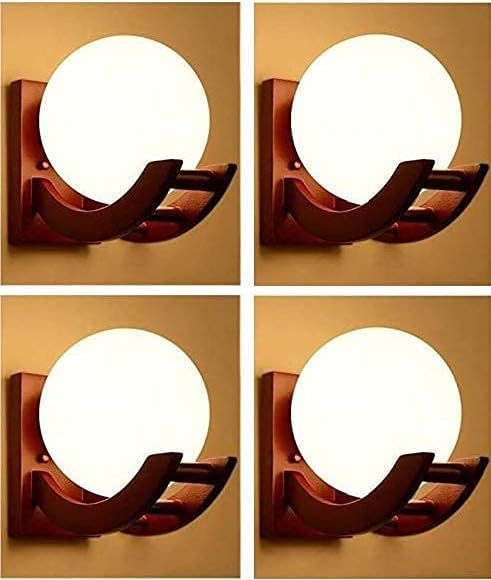 Image of GreyWings Wooden & Glass Wall Light for Home, Cherry & White Decorative Wall Lamp with E27 Holder, Antique Wall Light Bulb Not Included, Pack of 4