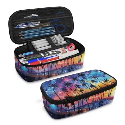 Image of Starry Beach Kids Large Pencil Pouch for Boys Girls Tropical Pencil Case with Metal Zipper Children Pencil Box for Adults Women Men Coin Purse Makeup Bag for Office Supplies
