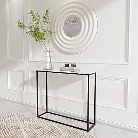 roomfitters 41" Faux Marble Console Table for Entryway, Modern Sofa Table for Living Room, MDF Marble Entryway Table, Dining Room Bar Table, Display Table for Bedroom, Black Metal Frame, Rectangular Cover