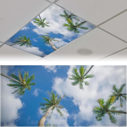 Image of Fluorescent Light Cover for Classroom - 2 Pcs Coconut Tree Magnetic Fluorescent Light Covers, Ceiling Light Covers Shade Panel Coverings for Office Classroom Home Drop Ceiling, 4 x 2 Feet