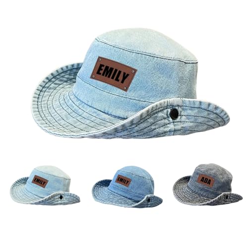 Custom Toddler Girls Cowboy Hat, Personalized Leather Patch Western Hat, Denim Bucket Hat for Girls, 2-8t Cowgirl Hat