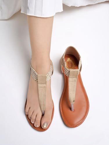 Image of Shoetopia Women's Ethnic Style T-Strap Sandals Chevron Ankle Strap Flats for Casual & Festive Comfortable & Stylish Party