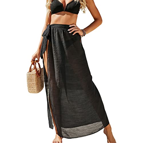 Cache-Maillots et Sarongs Femme Paréo Jupe de Plage Longue Fendue Couverture Bikini Cover Up Cache Maillot de Bain d’Été Imprimé Bohème Beachwear (Noir, Taille Unique)