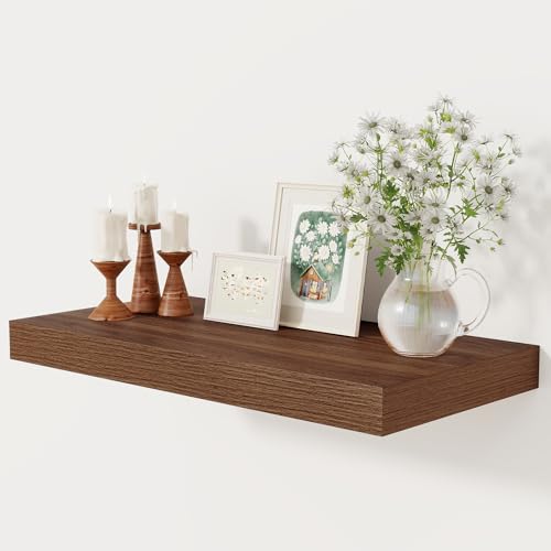 12 Inch Deep Floating Shelves, 24 x 12 Floating Shelf for Books, Rustic Wood Deep Wall Shelves for Home Storage & Display, 2" Thicked Shelves for Kitchen, Living Room, Bedroom, Walnut Color, 1 Pack
