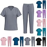 Scrubs for Women Set V-Neck Stretch Scrub Top & Drawstring Scrub Pant Nursing Uniforms Scrubs Sets Breathable Outfits Scrub Sets for Woman