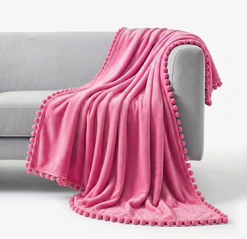 Image of BSB HOME 280 GSM Pom Pom Blanket, Ultra Soft Plush Fleece Throw Blanket with Pom Pom Fringe, Cozy Lightweight Warm Blanket for Sofa, Couch, Bed, Skin Friendly & Easy Care, 60 x 90 Inches - Rose Pink