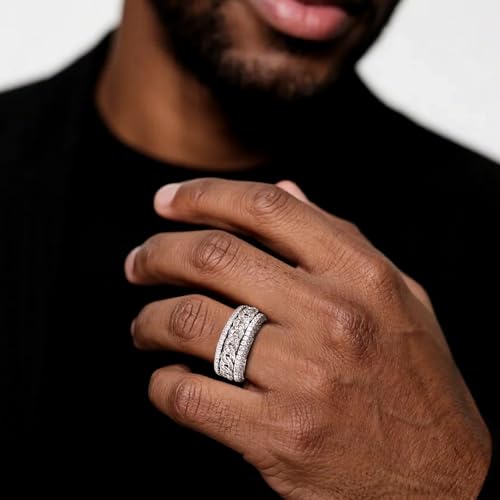 Iced Out Rings for Men, 24MM Large Simulated Diamond Mens Wedding Band 14K White Gold Plated Full 5A CZ Hip Hop Ring Chunky Bling Cluster Men's Pinky Rings Rapper Jewelry Gift 7-10US3
