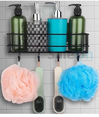 ME_Stainless Steel Metal Wall-Mounted Shelf - Black Corner Shelf with Hooks for Kitchen or Bathroom (1 Shelf) 4
