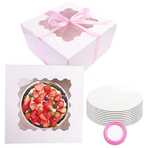 GUIFIER 10 Pack Cake Boxes 10 inch with Cake Boards and Pink Ribbon, Paper Bakery Boxes 10x10x5 inches Cake Box with Window Pastry Boxes for Cakes, Pastries, Cookies, Strawberries, Donuts, Pies(White) Cover
