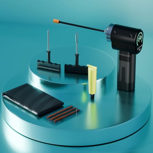 Image of GoMechanic Wireless Tyre Inflator for Car & Bike |150 PSI|2x2000 mAh Rechargeable Battery |Digital Display | LED Light, Type-C Port | With Puncture RepairKit & Multiple Nozzles | Tyre Pressure Monitor