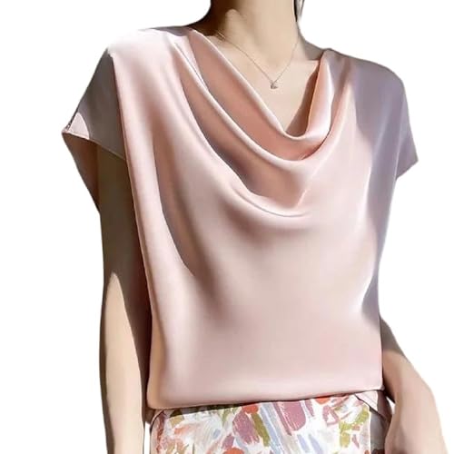 Camiseta de satén para mujer de manga corta y cuello apilado