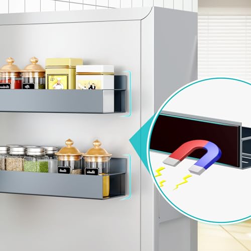 Image of OrganizeMee Movable Kitchen Organizer Storage Spice Magnetic Rack, Decorate Your Fridge,Washing Machine & Microwave Oven with Magnetic Metal Fridge Side Rack 1 Year Warranty (Grey Set Of 1)
