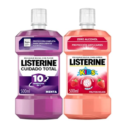 Listerine Family Pack Cuidado Total + Smart Rinse (2 x 500 ml), set de limpieza bucal con 2 enjuagues bucales, elixir bucal Cuidado Total con 6 beneficios en 1, colutorio Smart Rinse para niños 6+