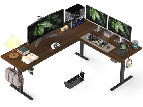 Image of WALKINGDESK 75x61 Inches Reversible L Shaped Standing Desk Height Adjustable with Cup Holder, Electric Corner Computer Workstation for Home Office, Ergonomic Sit Stand up Gaming Desk, Black Walnut