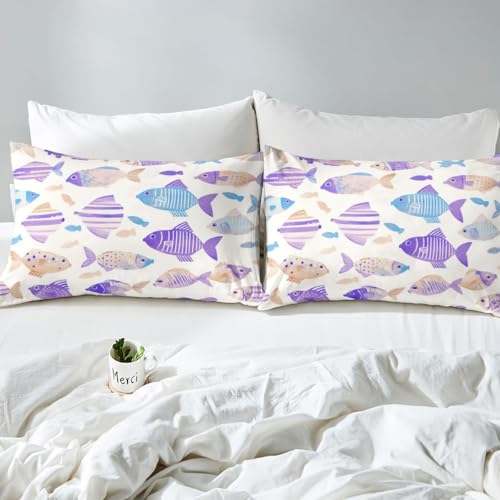 Image of jejeloiu Fish Bed Sheets Set Full Size Ocean Sea Animal Deep Pocket Fitted Sheet Marine Theme Bedding Sets Marine Theme Soft Bed Set 4Pcs with 2 Pillow Cases