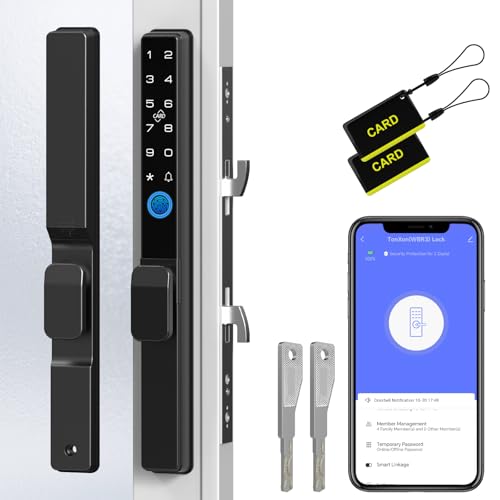 eLinkSmart Sliding Glass Patio Door Smart Lock Ultra-Slim Mortise Lock Keyless Entry with Fingerprint Keypad RFID & Biometric Tuya App Control Waterproof for Home Apartment (Black)