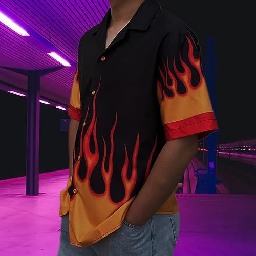 YEMOCILE Button Down Flame Shirt for Men Women Oversized Short Sleeve T-Shirt3