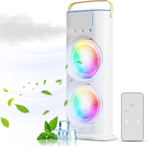 Image of 4000mAh Double Ended Spray Fan, Cold Air, 2025 New Desktop Table Fan USB Rechargeable with LED Light Cooler, Tower Air Coolers & Remote Control,Water Tank,Bedroom, Living Room (D-White)