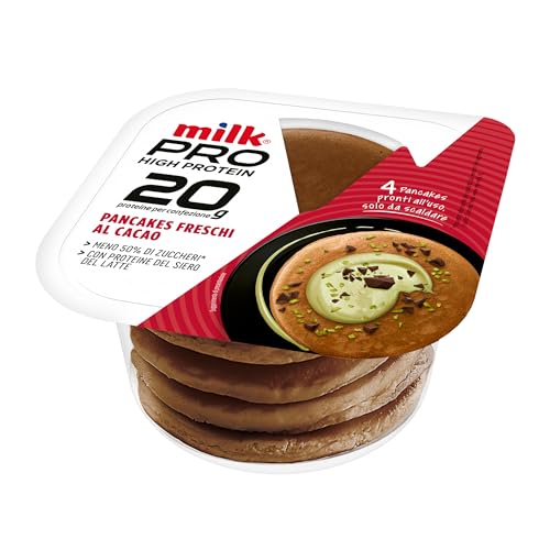 Milk Pancake Proteici Pronti al Cacao Milk PRO, Alto Contenuto di Proteine del Latte, Ridotto Apporto di Zucchero (-50%) e di Grassi (-50%) 4 Pancake Pronti da Scaldare (160g 4 Pezzi)