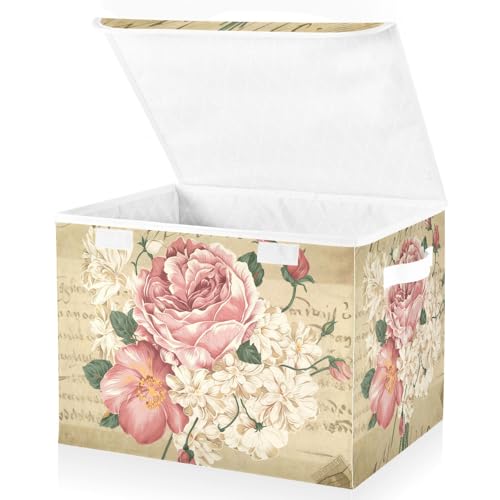 senya Flower Baskets Collapsible Storage Bins with Lids, Vintage Rose Floral Storage Boxes Clothes Baskets for Organizing