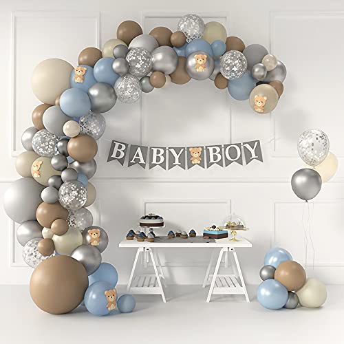 Sweet Baby Co. Teddy Bear Baby Shower Decorations for Boy with Balloon Garland Arch Kit, Baby Boy Banner, Small Teddy Bear Theme Decor, Blue Brown Ivory Gray Silver Balloons for Backdrop Decoration