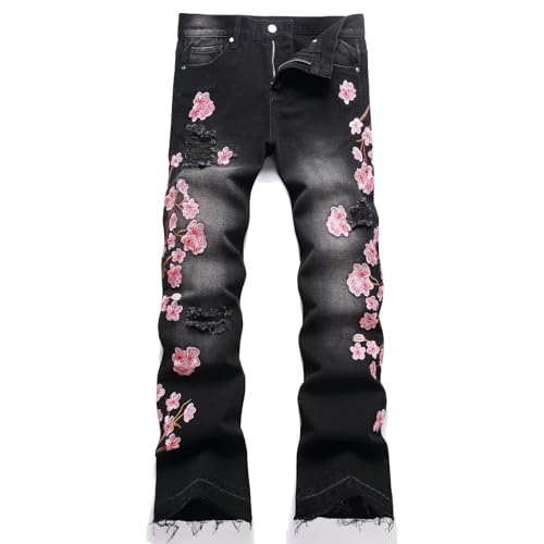 HENGAO Men's Flared Jeans Slim Fit Stretch Skinny Ripped Distressed Trendy Bell Bottom Denim Pants