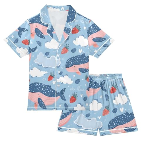 ALAZA Whale Strawberry Cloud Pajamas Satin Pajama Set Short Sleeve Button Down Sleepwear