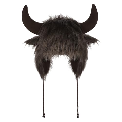 SIQITECHNO Cute Animal Horns Ears Earflap Hat Faux Fur Russian Hat Plush Buffalo Cap Funny Viking Trapper Trooper Cap3