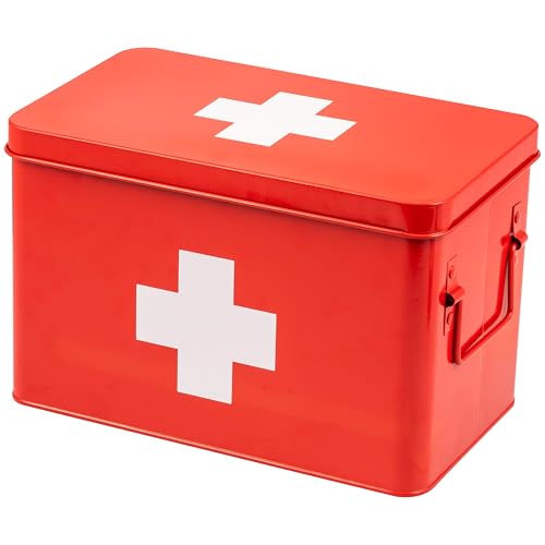 eluno große Medizinbox zur Aufbewahrung von Verbandsmaterial, Medizin und Arzneimittel, mit herausnehmbarem Tablett und 5 geräumigen Bodenfächer für Medikamente, Apothekenbox aus Metall (rot)