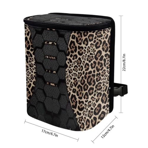 Image of Talayituse Leather Texture Leopard Pattern Car Trash Can with Lid, Leak Proof Auto Trash Bag Hanging Vehicle Garbage Can Multipurpose Storage Container for Back Seat Road Trip