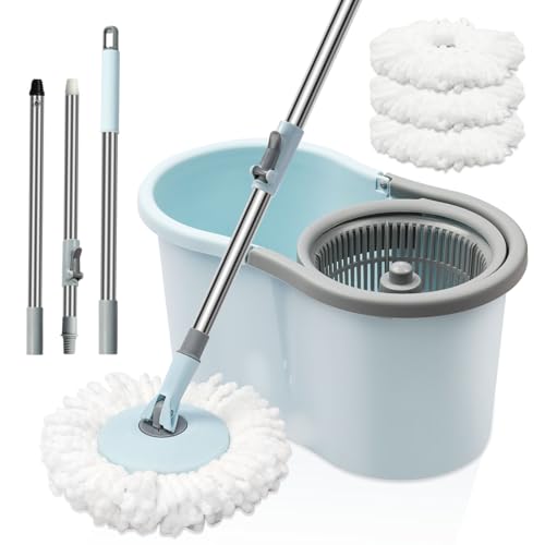 Spin Mop and Bucket with Wringer Set, 360° Spinning Mop Bucket System with 3 Microfiber Mop Replacement Heads and 50" Stainless Steel Adjustable Handle for Floor Cleaning