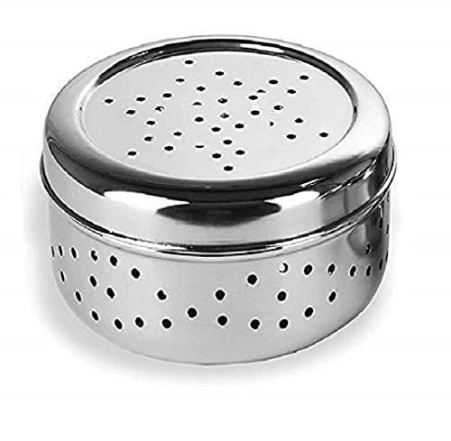 Image of Stainless Steel Green Coriander Storage Box Curry Leaves Box Set, Sprouts with air Ventilation Food containers Silver Dabba Flat Box Steel Dabba (Dhaniya 800 ML)