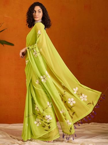 Image of SAREE MALL Women's Chiffon Daisy Floral hand paint Tassel Pallu Lightweight Summer Saree