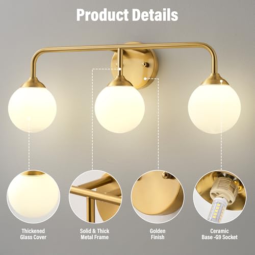 Image of Bathroom Light Fixtures - 3 Light Brushed Brass Vanity Light Over Mirror for Bathroom Mirror Living Room Bedroom, Gold Bathroom Wall Sconce with Frosted Glass Shade, 3 G9 Bulbs Included