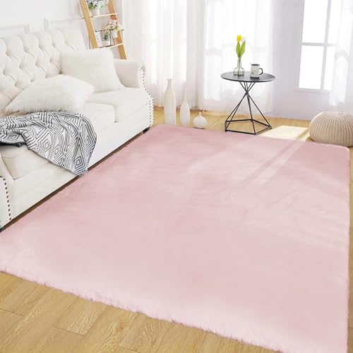 Latepis Pink Rugs for Bedroom Grils 4x6 Washable Fluffy Non-Slip Rug Soft Faux Rabbit Fur Furry Rug for Living Room, Playroom, Nursery and Dorm