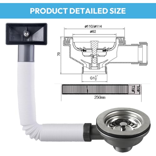 Ablaufgarnitur Spüle, Siphon Küchenspüle Edelstahl Küchenspüle Siebkorb Spülbecken Ablaufgarnitur mit Rechteck Überlauf, Spülenablauf Siebkorbventil 114mm, für Küche, Bad