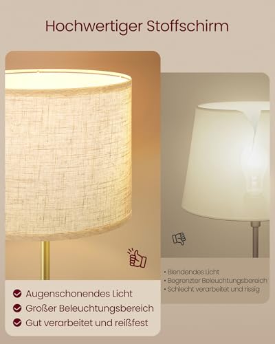 VASAGLE Stehleuchte, Standleuchte, Stehlampe, höhenverstellbare Leselampe, 140-170 cm hoch, modern, mit Fußtaster, Lampenschirm aus Stoff, E27 Fassung, gold-schwarz LFL002B02