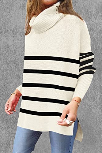 OU MgCE FAST FASHION Women's Turtleneck Oversized Sweaters, Ladies Fall Long Batwing Sleeve Split Hem Casual Asymmetric Pullover Sweater Knit Black Striped Tops S — view 3
