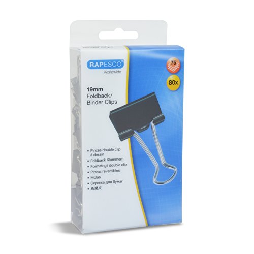 Rapesco 1429 19 mm Foldback Clips, Black, Pack of 80