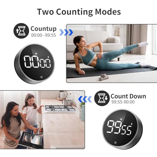 VOCOO Digital Kitchen Timer: Magnetic Countdown Countup Egg Timer with Large LED Display Adjustable Volume and Brightness, Easy to Use for Kids Elderly, Perfect for Classroom Home Work (space grey)