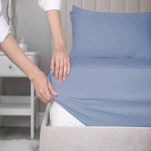 Image of SleepyCat Fitted Bedsheet Set 100% Cotton 200TC Percale Combed Yarn with a Durable Elastic and Corner Stitch Oeko-TEX & AZO Free with 2 Standard Size Pillow Cases (Queen Size 72x60) Twilight Blue