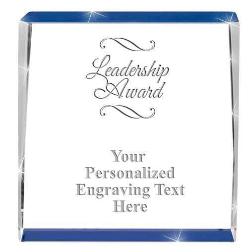 Crown Awards Customizable Crystal Trophy, 4" Engraved Leadership Blue Spotlight Crystal Award