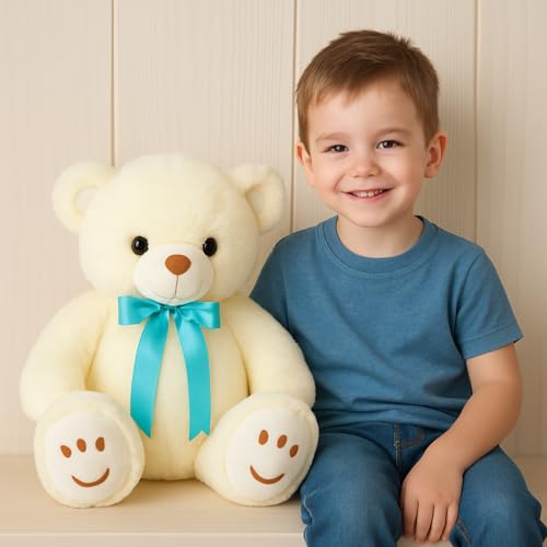 Image of ZEXSAZONE Teddy Bear Plush Toy - Soft Cream Stuffed Animal with Blue Ribbon | Cute Huggable Toy for Kids, Boys, Girls, Girlfriend & Wife | Valentine, Birthday, (32 cm)