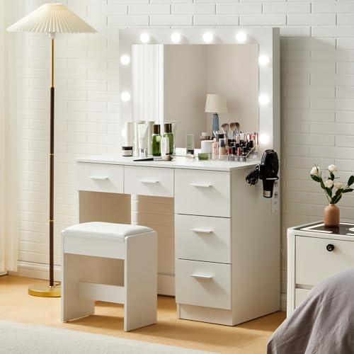 TUKAILAi Tocador con espejo LED y taburete USB, color blanco tocador con almacenamiento 5 cajones, toma y soporte para secador de pelo, mesa de maquillaje moderna para niña, mueble de dormitorio