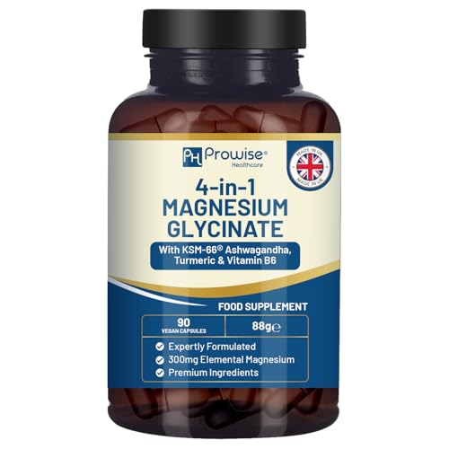 Glicinato di magnesio 4 in 1 con aggiunta di Ashwagandha KSM-66, curcuma e vitamina B6 | 90 capsule vegane | 4.001 mg per porzione | Capsula facile da deglutire | Senza OGM e glutine | Qualità premium