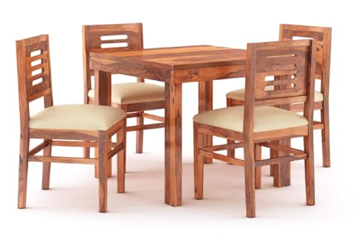 Image of MAMTA DECORATION Solid Sheesham Wood 4 Seater Dining Table Set | Four Seater Dinner Table with 4 Cushions Chairs | Dinning Table Set 4 Seater for Living Room, Hotels & Restaurant, Honey Finish