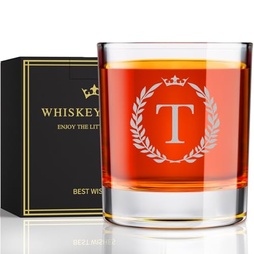 Image of Personalized Whiskey Glasses Gifts for Men, Monogrammed Engraved A-Z 10.6 oz Rocks Glass Customized Gift, Unique Christmas Birthday Gifts for Men Him Dad Husband Brother Son (T)