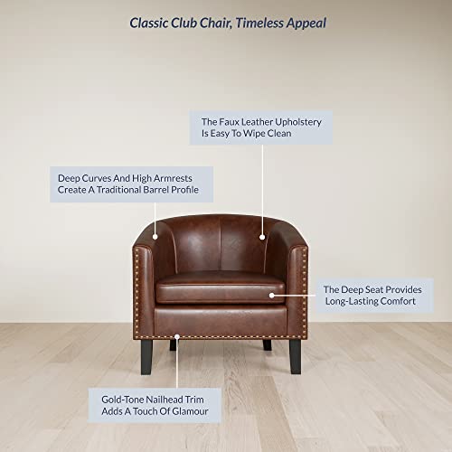 Image of BELLEZE Accent Barrel Chair, Set of 2 Modern Faux Leather Tub Club Chair Upholstered Armchair with Gold Nail Head Trim and Black Legs for Living Room Bedroom Apartment Lounge - Brown